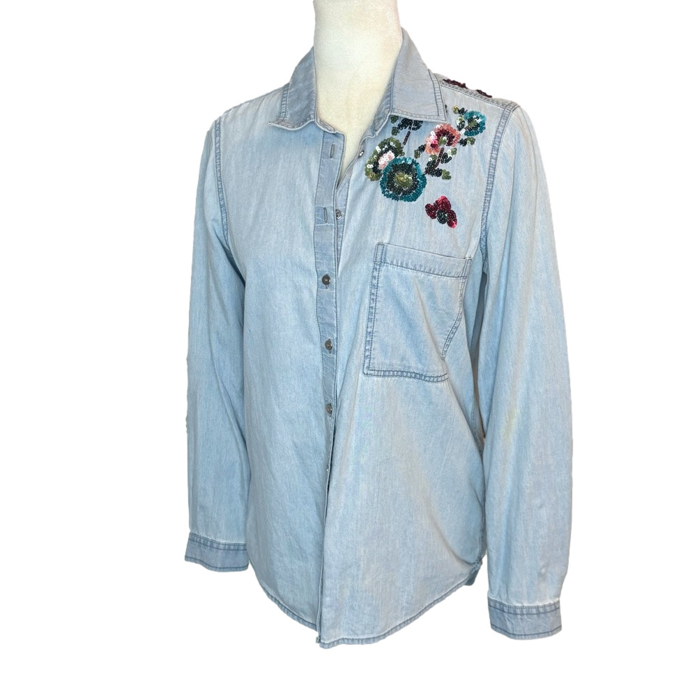 Zara denim shirt w/floral sequins